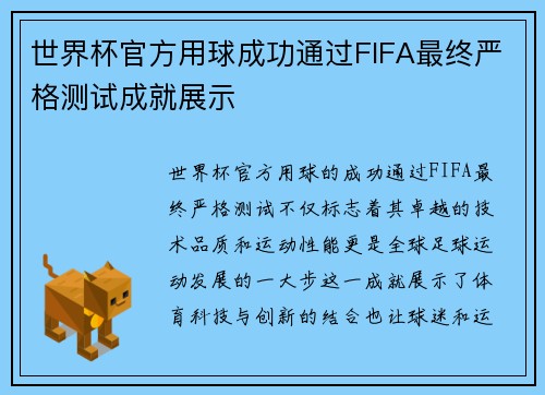 世界杯官方用球成功通过FIFA最终严格测试成就展示