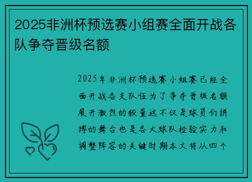 2025非洲杯预选赛小组赛全面开战各队争夺晋级名额